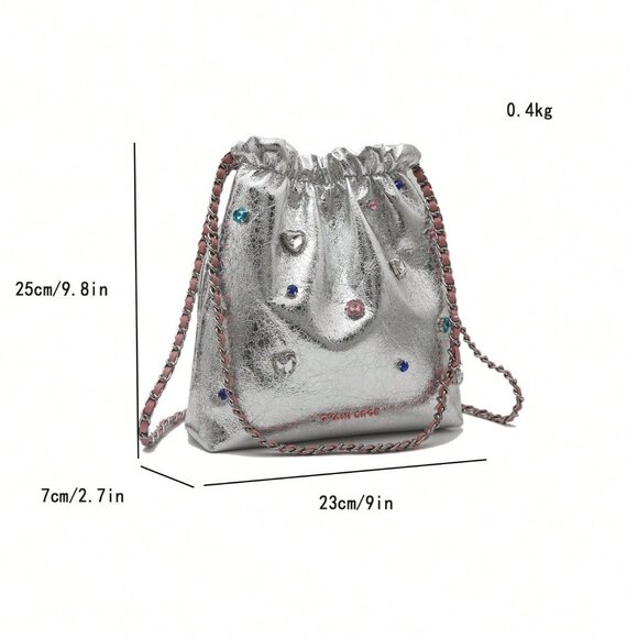 Silver Casual Women's Rhinestone Drawstring Shoulder Bag - Picture 7 of 7